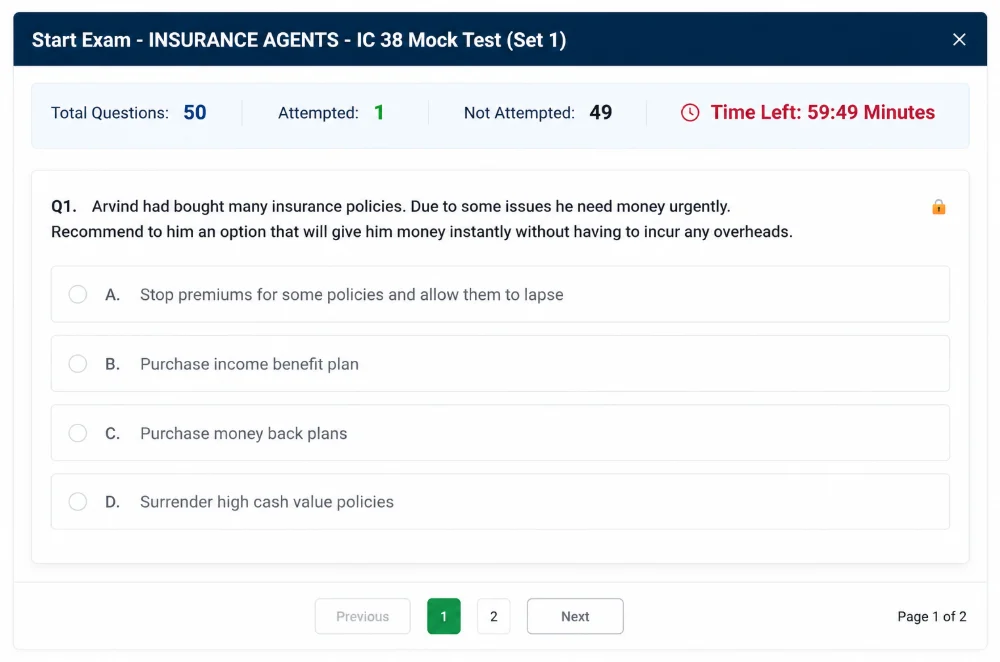 The mock test exam screen showing total questions, attempted and not attempted counts, a countdown timer and a multiple-choice question.