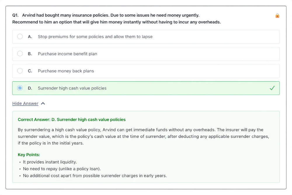 A mock test question with the correct answer highlighted and an explanation below it setting out why, followed by a list of key points.