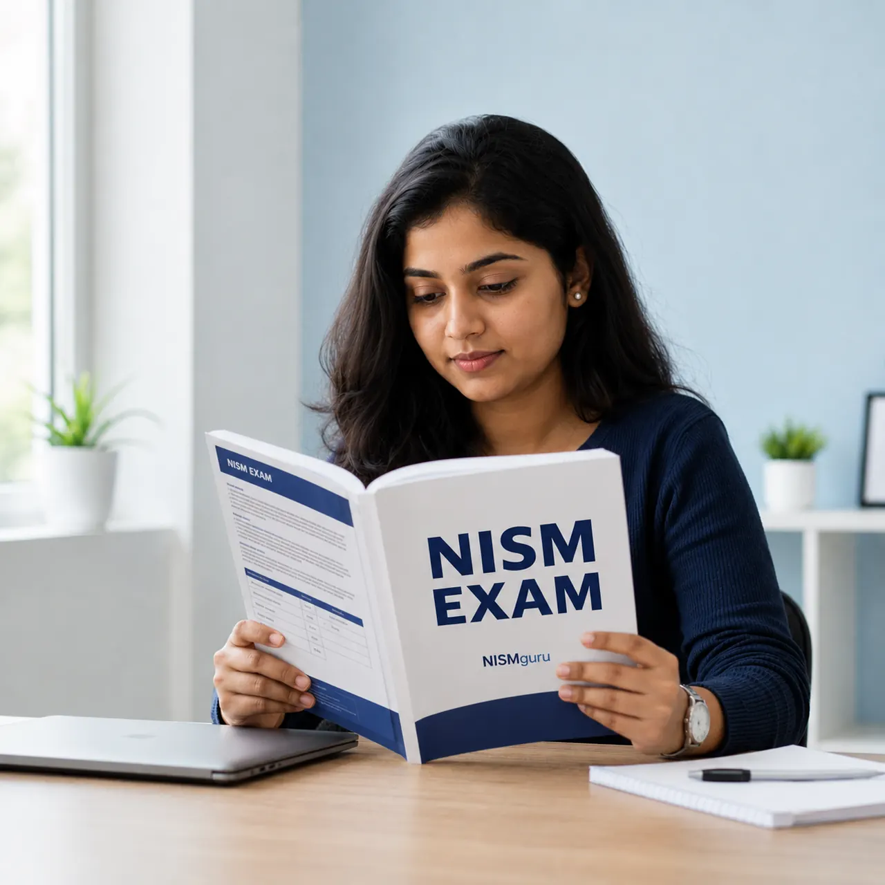 A student reading a NISM exam preparation book from NISMguru at her desk